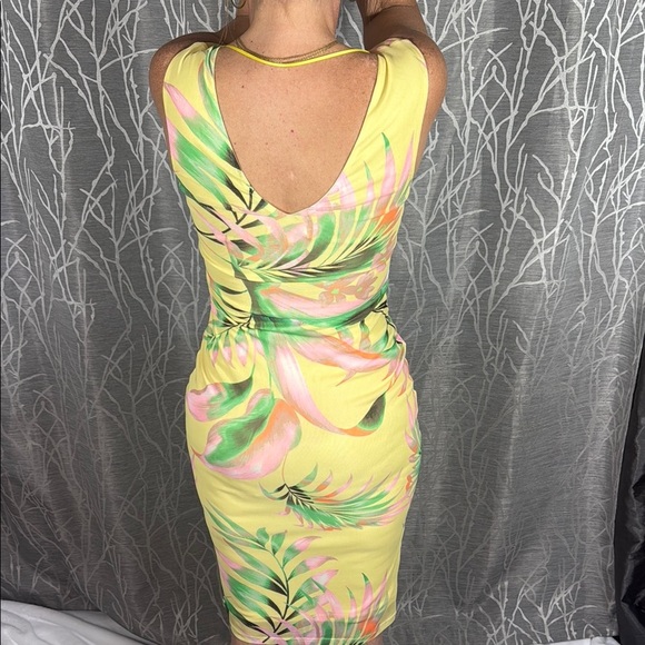 AFRM Yellow Tropical Print Bodycon Mini Dress XS Sleeveless V-Neck - Picture 6 of 8